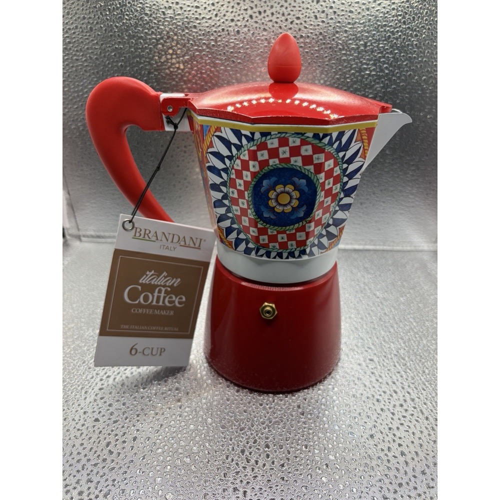 NEW Brandani 6 CUP Italian Coffee Maker MOKA POT Aluminum SICILIAN PATTERN NWT